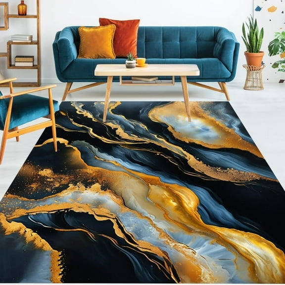 Navy Black Gold Marble Texture Modern Abstract Unique Deisgner Art Decor Large Soft Rug For Living Room Bedroom Diningroom Washable High Traffic Home Office Carpet Mat 3x5ft