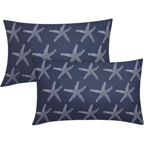 Navy Bllue Starfish Lumbar Pillow Covers 12X20 Inch Coastal Beach Nautical Couch Pillow Cases Summer Ocean Linen Throw Pillows Set Of 2 Home Decor For Living Room Bedroom Cushion Outdoor