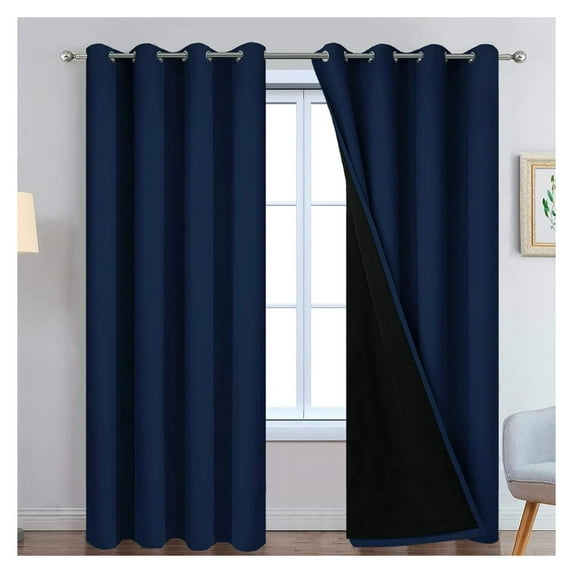 Navy Blue 100% Blackout Curtains Energy Saving Thermal Insulated 2 Thick Layers Completely Blackout Drapes with Black Liner for Bedroom (52Wx90L, Navy Blue, 2 Panels)