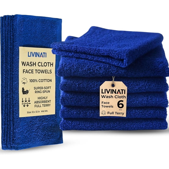 Navy Blue 100% Cotton Wash Cloths for Showering Body and Face - 12"X12" 6 Pack Washcloths - Small Terry Towel Bath Rags for Adults and Kids Bathroom - Soft Absorbent
