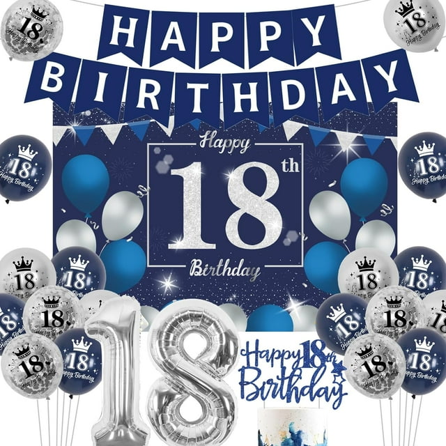 Navy Blue 18th Birthday Decorations for Boys Blue and Silver Happy 18th Birthday Decorations