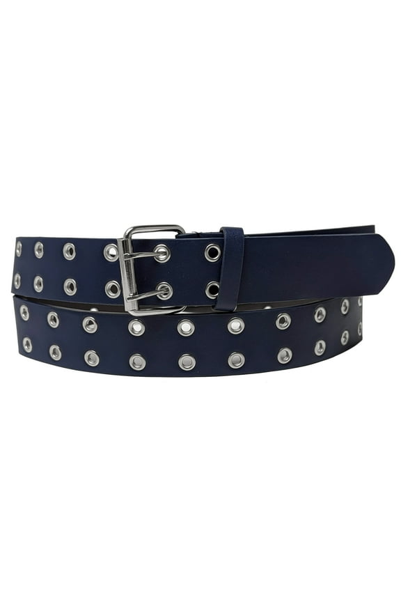 Navy Blue 2 Holes Row Silver Grommets Bonded Leather Belt Removable Buckle