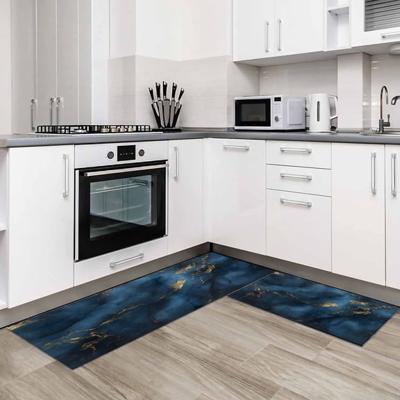 Navy Blue 2 Pieces Non-Slip Kitchen Mat Set Modern Abstract Marble Ink Painted Art Soft Door Mat with Rubber Backing,Dirtproof Rugs for Entrance Doorway 19.7x31.5in+19.7x47.2in