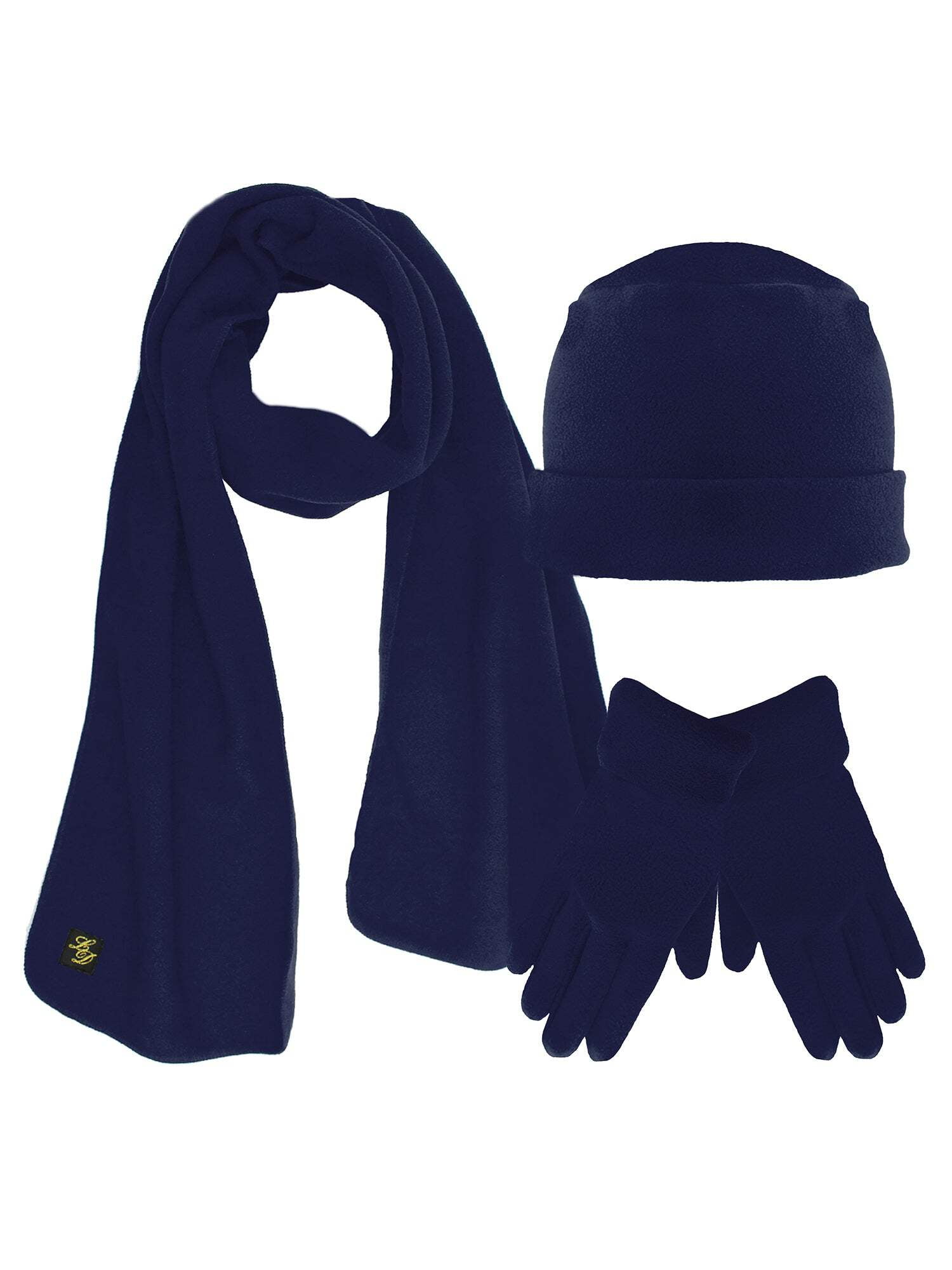 Luxury Divas Navy Blue 3 Piece Warm Winter Fleece Hat, Scarf