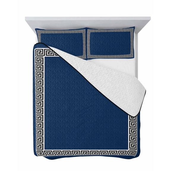 Navy Blue 3 Piece Quilt Set Full Size, Greek Chinese Style Soft Bedspread Coverlet Bedding Set Microfiber Lightweight Comforter Set with 2 Pillowcases for Bedroom