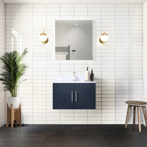 Navy Blue 30 In. X 22 Bath Vanity, Marble Surface, Faucet, Led Mirror - Scratch And Stain Quality Build Top,
