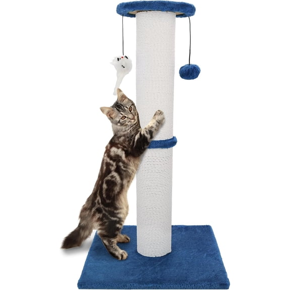 Navy Blue 34 Inch Cat Scratching Post for Indoor Cats, Heavy Duty Tall Cotton Rope Cat Scratcher with Hanging Ball, Extra Large Climbing Post for Adult Cats, Sturdy Base