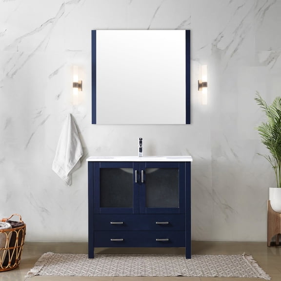 Navy Blue 36 In. Bath Vanity, White Ceramic Top, Solid Wood Build, Soft Close Doors And Drawers, To Scratches Stains, Sufficient Storage Capacity Counter, Construction, Drawer System, Scratch Stain