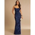 thumbnail image 1 of Navy Blue 3D Floral Embroidered Bodycon Slip Maxi Dress For Women, 1 of 7