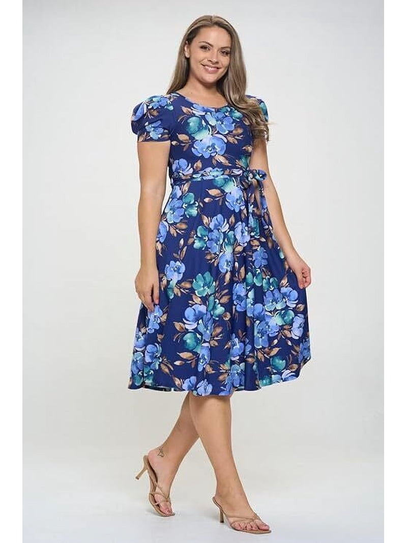 Navy Blue 2x-3x Plus Size Women's Short Puff Sleeve Midi Floral Cocktail  Flare Tea Party, Formal and Casual Dresses - Walmart.com