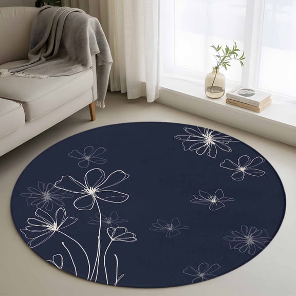 Navy Blue 3ft Area Rug, Spring Flora Washable Non-Slip Small Round Rugs for Entryway Bedroom Kitchen, Soft Circle Carpet for Dining Room, Playroom Nursery Rug Modern Abstract Art Pastoral