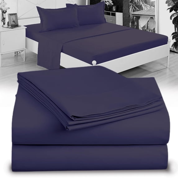 Navy Blue 4 PC Sheet Set - Soft and Comfy - By Crescent Bedding - 100% Satisfaction Guarantee (Queen, Navy)