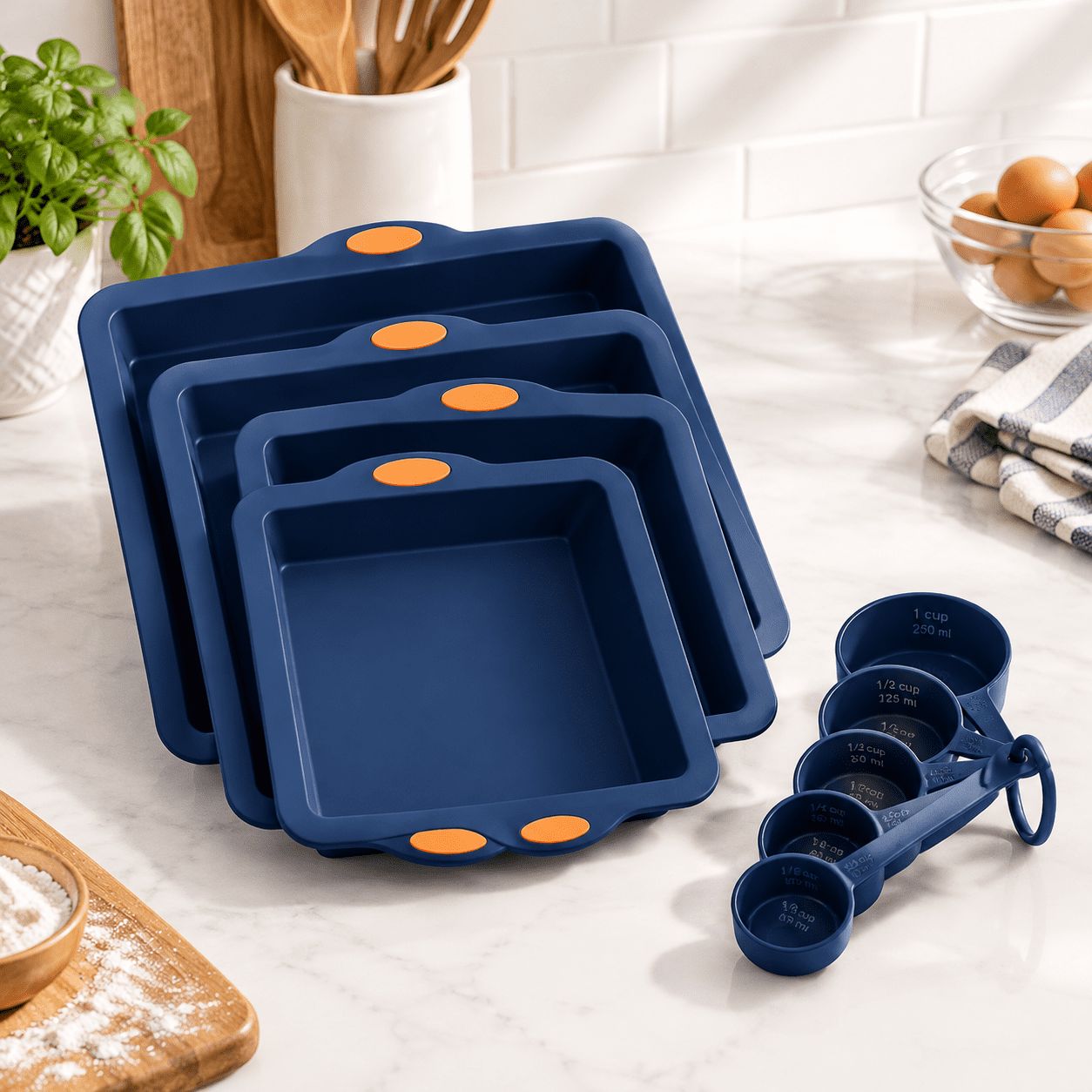 Navy Blue 4-Piece Baking Pans Set Silicone Nonstick Bakeware with Metal ...