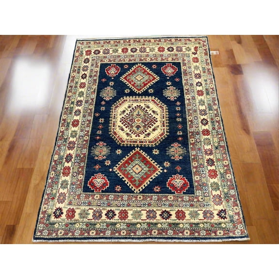 Navy Blue 5X7 Kazak Handmade Wool Rug # 13704