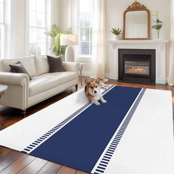 Navy Blue 5x7 Area Rugs for Living Room, Stripes Solid Color Non Slip Floor Mat Washable Low-Profile Indoor Carpet for Bedroom, Dining Room, Bathroom