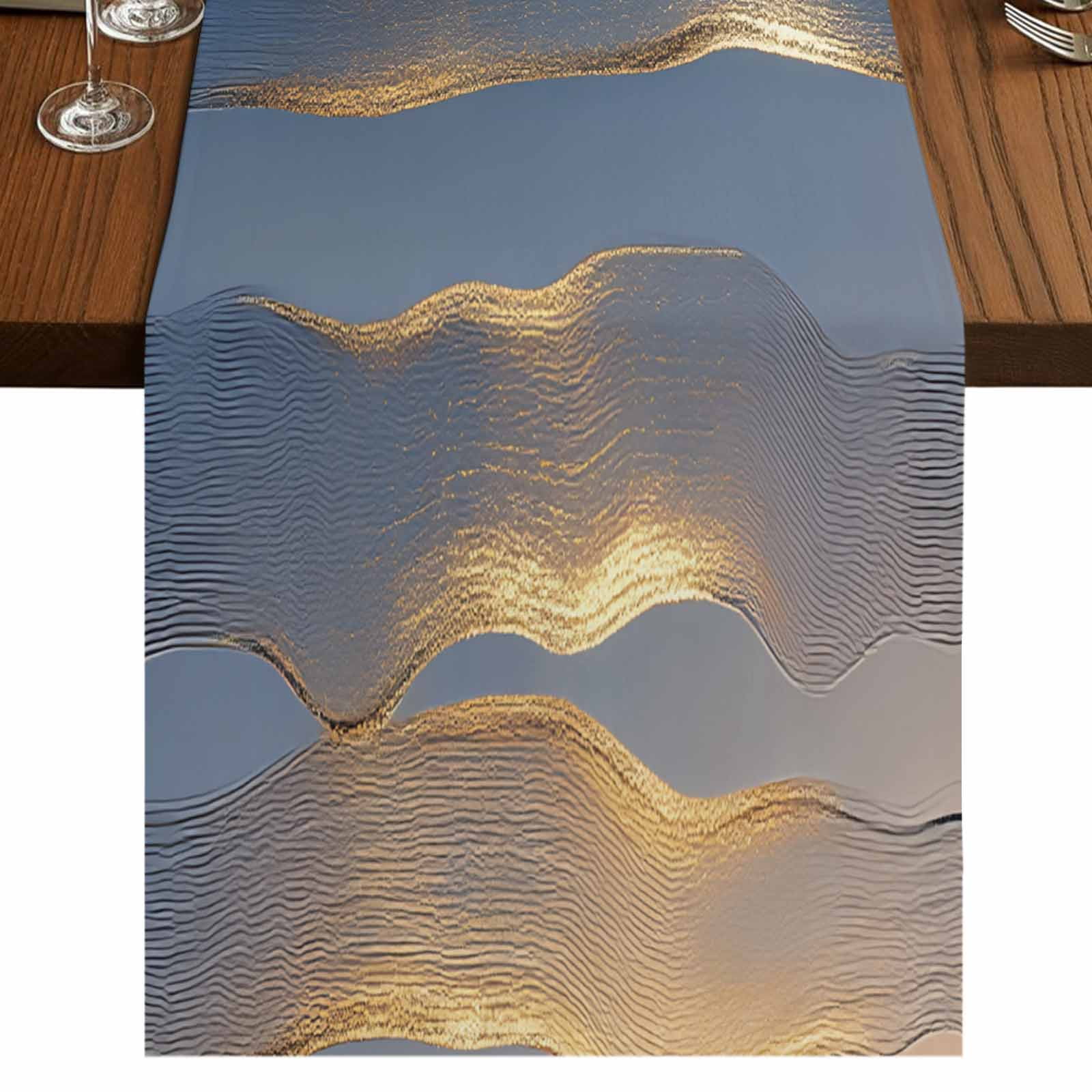 Navy Blue 60 Inch Table Runner, Luxury Golden Modern Abstract Art ...