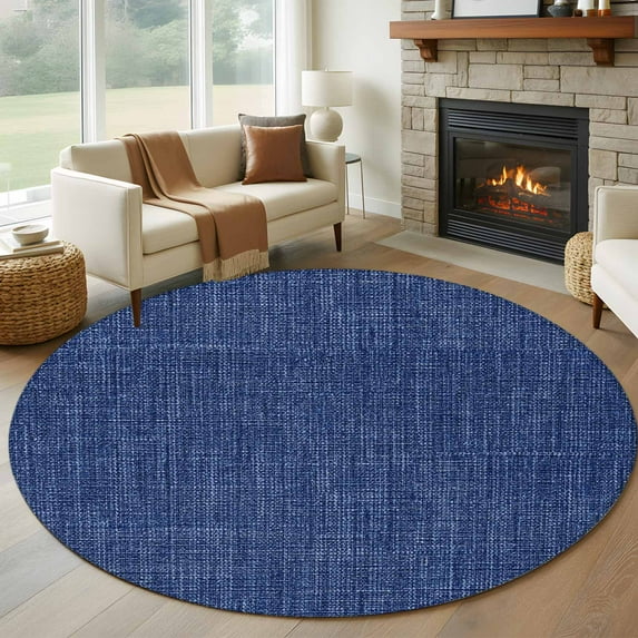 Navy Blue 7ft Round Rug, Farmhouse Burlap Solid Blue Color Modern Linen Texture Non-Skid Rubber Backing Large Area Rugs - Living Room Bedroom Home Office, Indoor Floor Mat Carpets Washable Rug