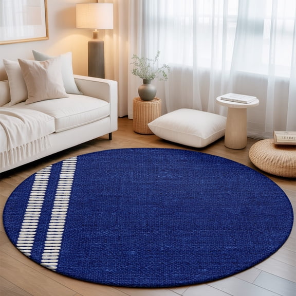 Navy Blue 8' Round Rugs for Open Concept Living Room Seating Zone, Oatmeal Beige Deep Blue Woven Fabric Texture Rustic Farm Washable Non Slip Mats Large Circle Lounge Area Area Rug