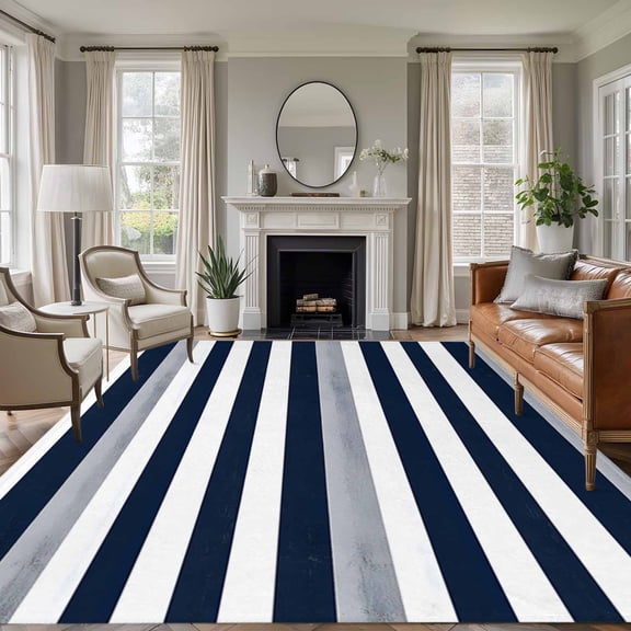 Navy Blue 8'x10' Large Area Rug for Living Room Sectional Sofa, and Grey Stripe Abstract Geometric Stripes Washable Non Slip Low Pile Rectangle Area Rug
