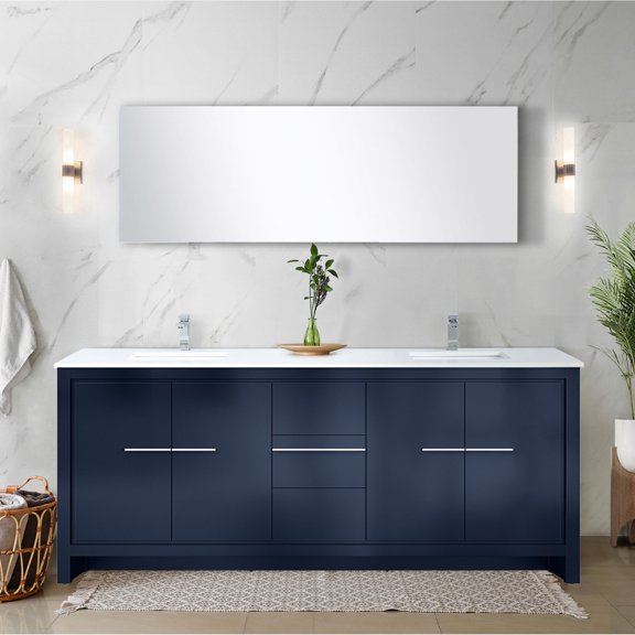 Navy Blue 80 - inch Double Bath Vanity / Chrome Faucet, Scratch - Resistant Top, and Storage