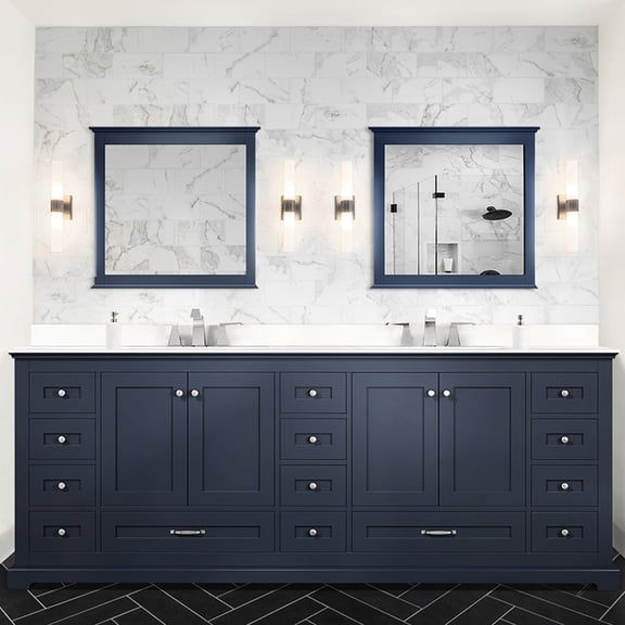 Navy Blue 84 In. Double Bath Vanity With White Quartz Top - Solid Wood Build, Soft Close Mechanism, To Scratches And Stains, 2 Cabinets & 14 Drawers X 22 Frame, Scratch Stain ,