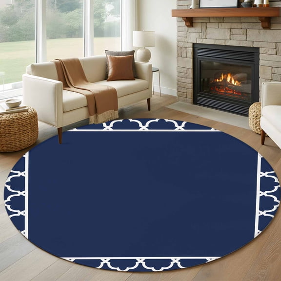 Navy Blue 8FT Round Area Rugs for Living Room Geometric Blue Morocco Printed Border Modern Rustic Ultra-Thin Non-Slip Round Rugs Machine Washable Low Pile Circle Carpet for Bedroom Kitchen Nursery