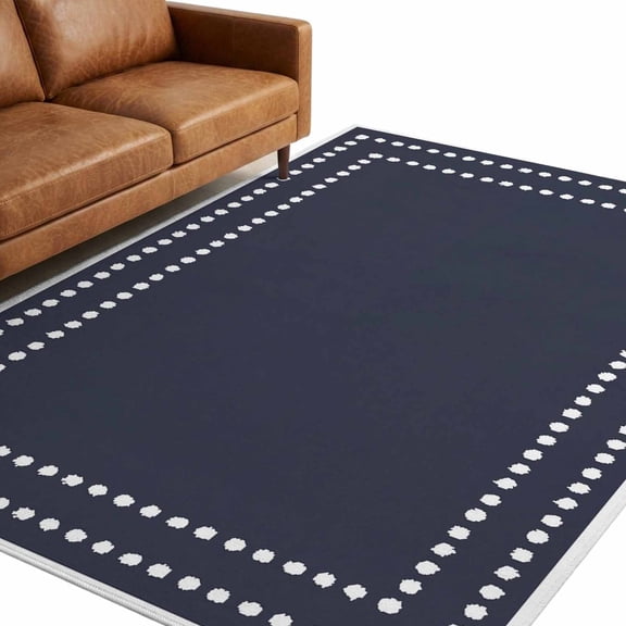 Navy Blue 9'x12' Large Area Rugs Navy Solid Minimalist Square Frames White Dotted Borders Washable Area Rugs Non-Slip Indoor Floor Mats for Villa Parlour, Hotel Lounge, Recreation Room