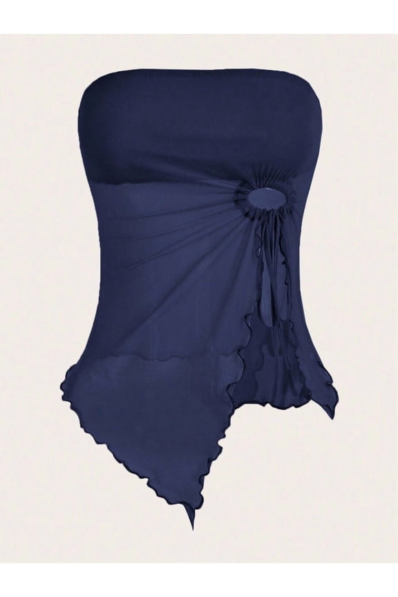 Navy Blue 95% Cotton Drawstring Asymmetrical Hem Fitted Tube Top