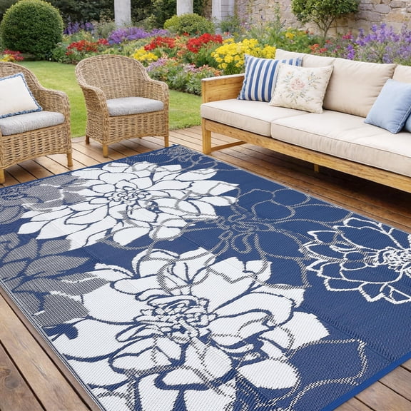 Navy Blue 9x18 Floral Waterproof Reversible Outdoor Patio Rug