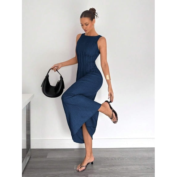 Navy Blue A-Line Long Dress With Ruched Waist And Side Slit, Sleeveless Casual Maxi Dress