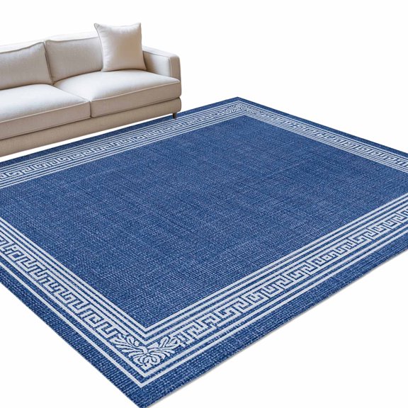 Navy Blue Abstract Art Area Rugs 6x9ft Vintage Linen Greek Key Geometric Floor Rug Non Slip Low Pile Ultra Soft Throw Carpet for Entryway Indoor Entrance Kitchen Bathroom