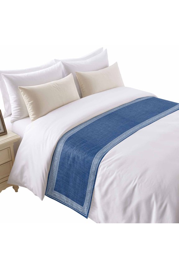 Navy Blue Abstract Art Bed Runner for Twin Size Bed, Vintage Linen Greek Key Geometric Soft Bedding Scarf Bedding Protector Slipcover Sofa Throw for Bedroom Hotel Guesthouse