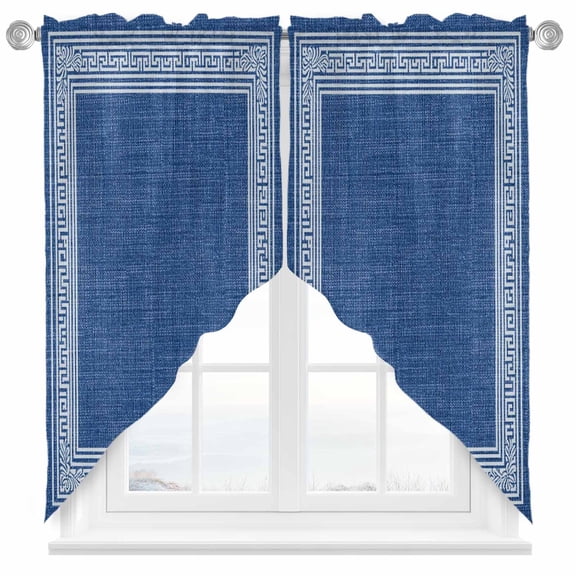 Navy Blue Abstract Art Swag Kitchen Curtain Valances, Vintage Linen Greek Key Geometric Rod Pocket Curtains Window Treatment Decor Valances for Bedroom Bathroom, 2 Panels 36 x 36 Inch