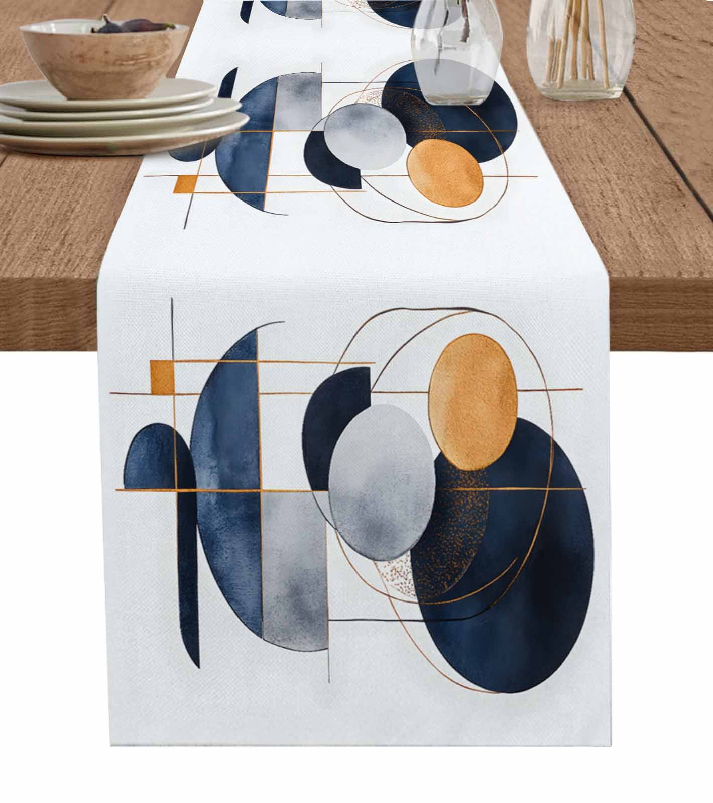 Navy Blue Abstract Art Table Runner 108 Inches, Contemporary Geometric ...