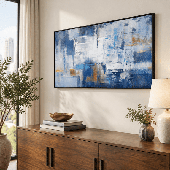 Navy Blue Abstract Canvas Wall Art - Black Frame Artwork Picture Living ...