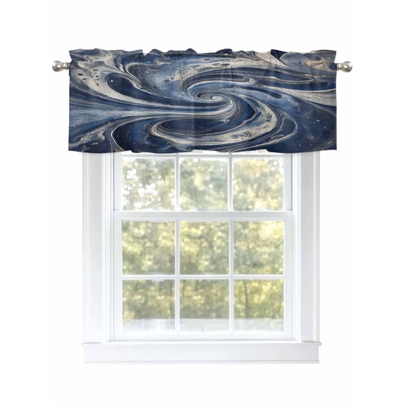 Navy Blue Abstract Curtain Valances for Windows, White Moire Abstract Kitchen Valance Window Treatment, Light Filtering Block Curtains for Bathroom/Bedroom/Living Room 42'' x 12''