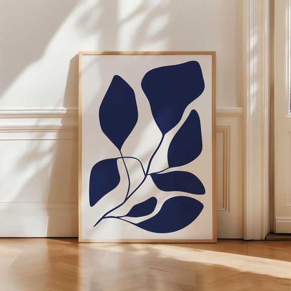 Navy Blue Abstract Floral Mid Century Wall Art, Stretched Canvas Size 12x18