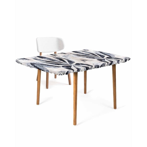 Navy Blue Abstract Rectangle Tablecloth, Waterproof Elastic Fitted Table Covers for 4 Foot Tables, 24x50inch Decorative Tablecloths for Picnic, Camping, Vintage Tropical Palm Leaves Botanical