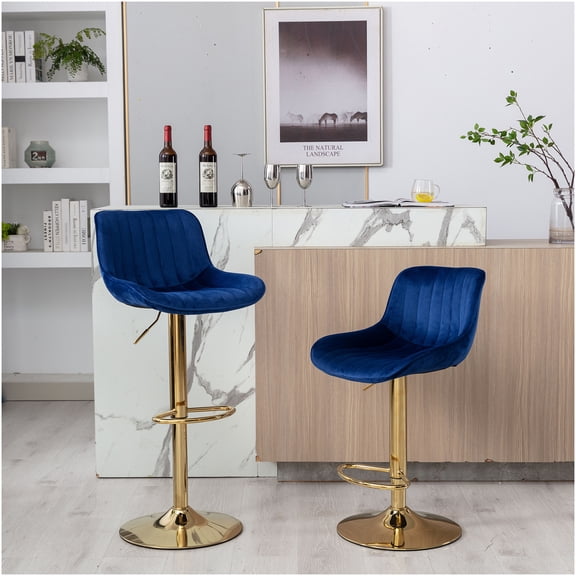 Navy Blue Adjustable Height Bar Stools with Footrest, Set of 2, Velvet Upholstery and Golden Base