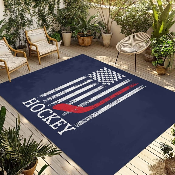 Navy Blue American Flag Outdoor Rug 3x5 Ft - Reversible Patio Rug Outdoor Camping Rugs, Abstract Red Hockey Stripes Us Flag Indoor Outdoor Area Rugs, Non-Slip Outdoor Carpet Runner for Deck/Porch