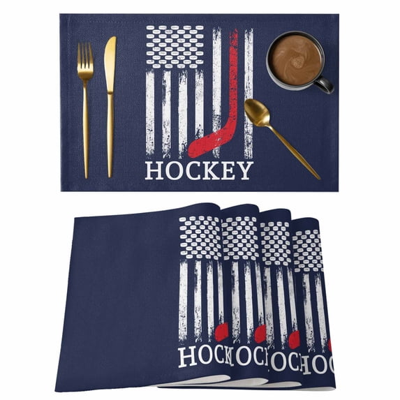 Navy Blue American Flag Placemats Set of 4, Abstract Red Hockey Stripes Us Flag Placemats for Dining Table, Place Mats for Kitchen Tabletop, Waterproof Wipeable Dining Table Mats Set