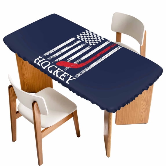Navy Blue American Flag Table Cloths for 5 Foot Rectangle Tables, Abstract Red Hockey Stripes Us Flag Patio Waterproof Elastic Fitted Tablecloths, Washable Rectangular Table Cover for Camping