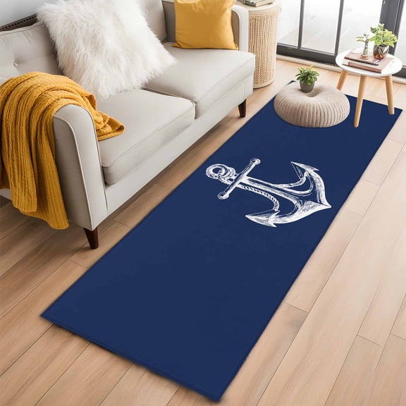Navy Blue Anchor 2'x6' Runner Rug, Coastal Nautical Marine Minimalist Washable Non-Slip Area Rugs for Hallway Kitchen Floor Bedroom Entryway, Long Laundry Carpet Decoration Indoor Mat