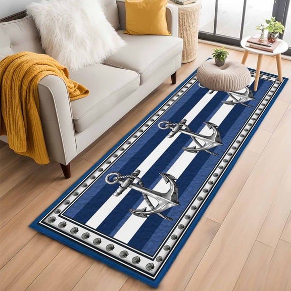 Navy Blue Anchor 2'x6' Runner Rugs for Hallway Kitchen Bedside Non Slip Washable, Nautical Summer Beach Coastal Ocean Entryway Rug Runners with Rubber Backing, Long Carpet Runner for Laundry Room