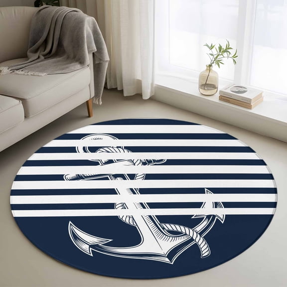 Navy Blue Anchor 3ft Area Rug, Nautical Coastal Abstract Art Washable Non-Slip Small Round Rugs for Entryway Bedroom Kitchen, Soft Circle Carpet for Dining Room, Playroom Nursery Rug