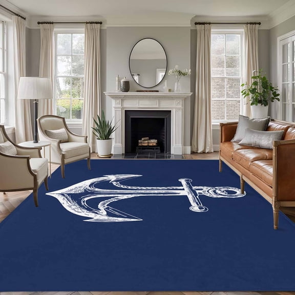 Navy Blue Anchor 5'x7' Area Rug, Coastal Nautical Marine Minimalist Washable Non-Slip Soft Rugs, Low-Pile Large Carpet for Living Room Bedroom Dining Room, Non-Shedding Accent Rug