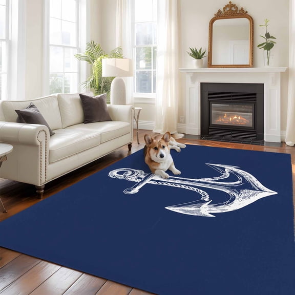 Navy Blue Anchor Area Rug 5x8 FT, Non Slip Bedroom Throw Carpet, Coastal Nautical Marine Minimalist Washable Soft Floor Carpet Non-Shedding Rug for Living Room Nursery Dorm Office