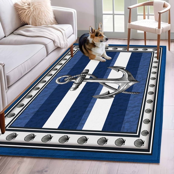 Navy Blue Anchor Area Rugs 2.7'x5', Washable Small Throw Rugs for Kitchen Bedroom, Nautical Summer Beach Coastal Ocean Indoor Outdoor Rug Non-Slip Low Pile Carpet Runner Reversible Floor Mats