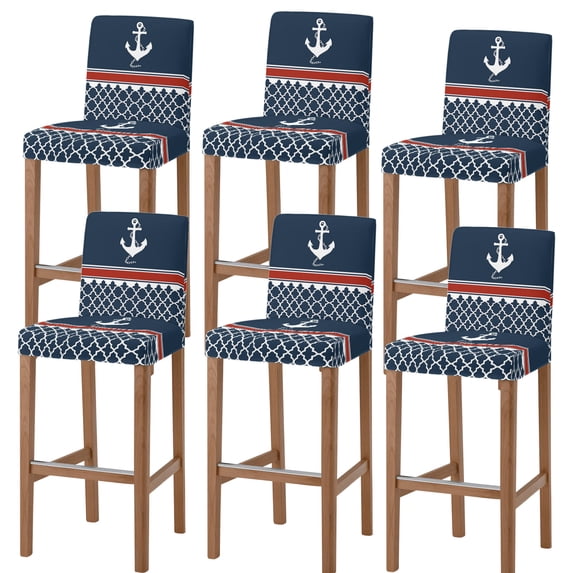 Navy Blue Anchor Bar Stool Cover Set of 6, Nautical Ocean Retro Striped Geometric Stretch Bar Chair Cover, Removable Washable Pub Counter Stool Chair Slipcover for Kitchen Dining Room Pub Cafe
