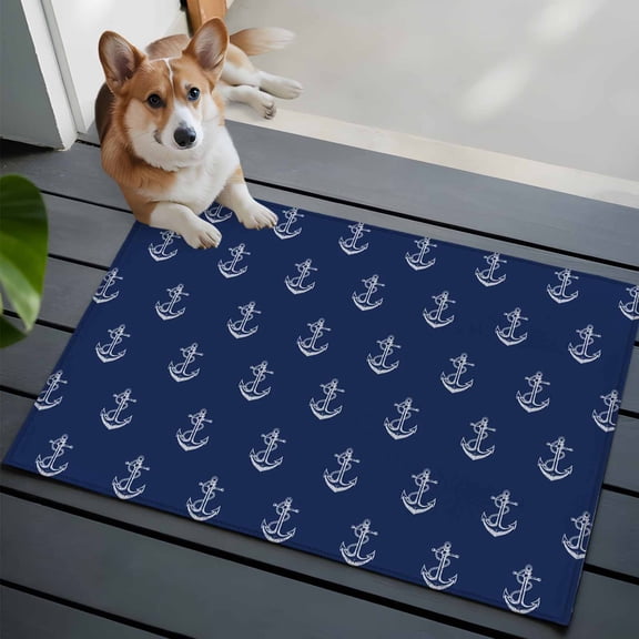 Navy Blue Anchor Bathroom Mat 2x3 FT, Non Slip Small Kitchen Mat, Nautical Coastal Summer Ocean Ship Washable Soft Backed Front Door Throw Rug Non-Shedding Indoor Outdoor Doormat for Entryway Sink